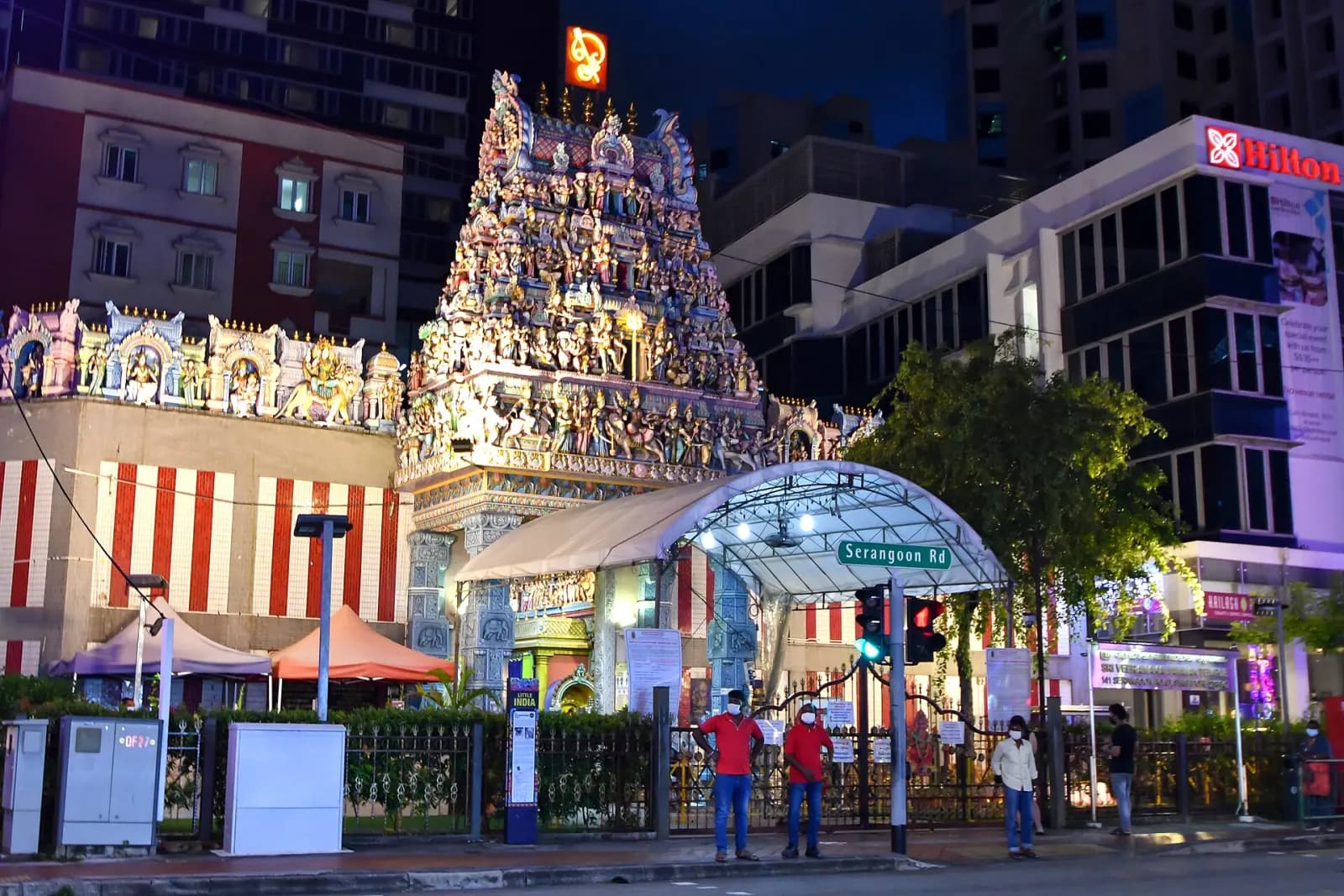 Sri Veeramakaliamman Temple illuminated at night on Serangoon Road.