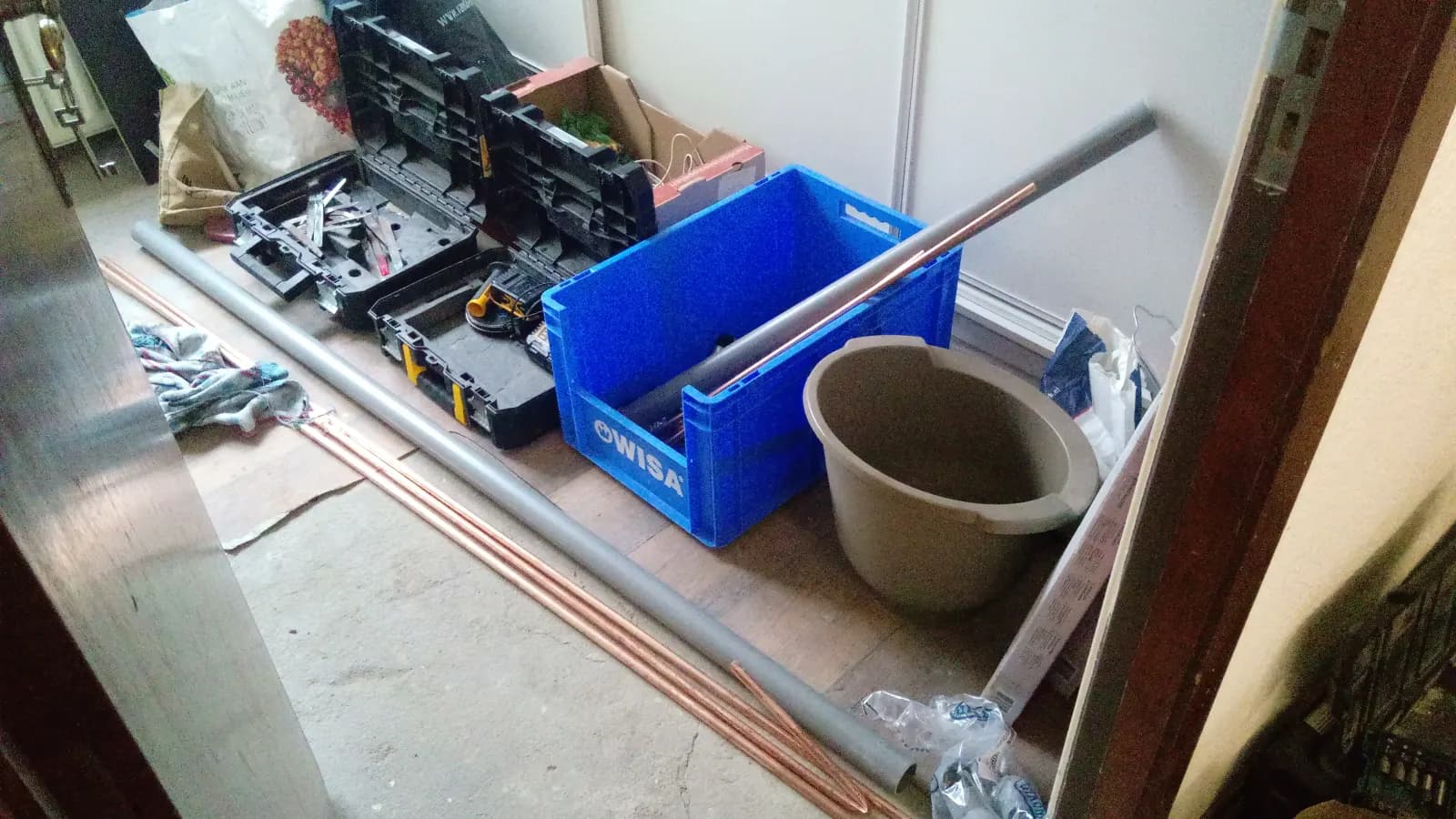 Building materials inside an apartment during a major interior renovation.